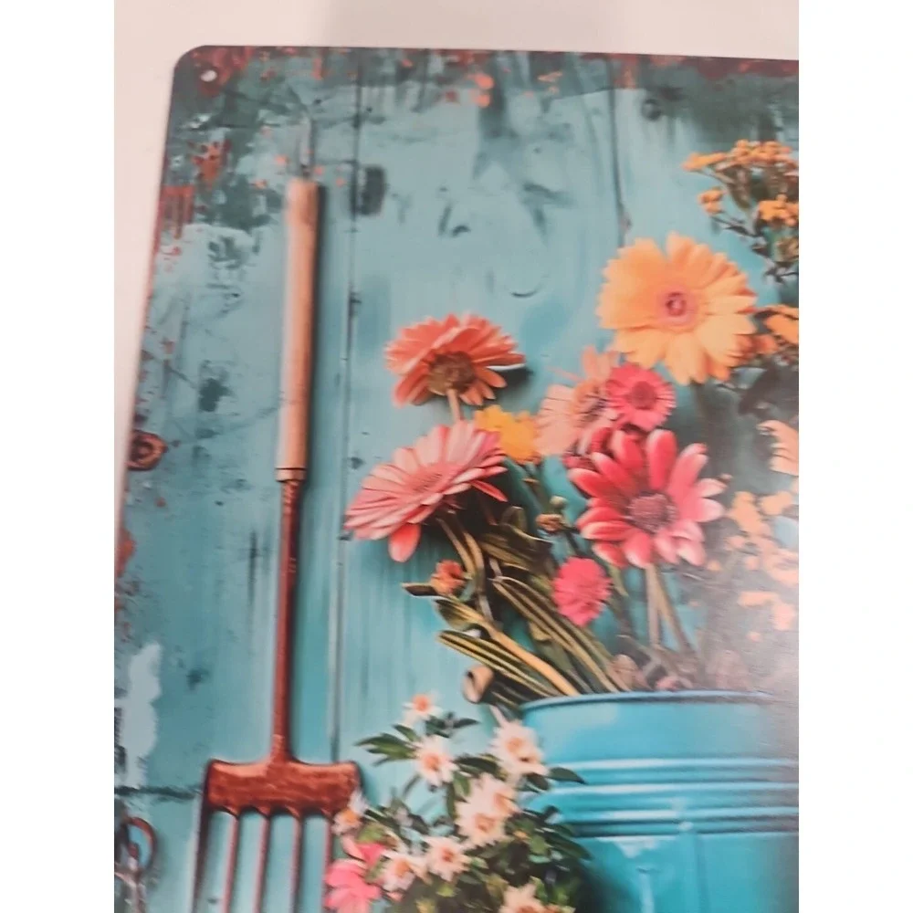 Vintage Style Metal Tin Sign Rustic Garden Flowers Watering Can Tools Wall Decor